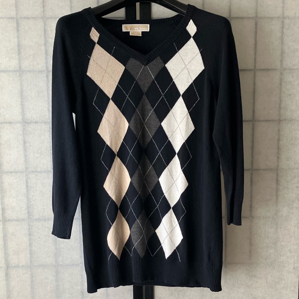 Michael Kors Argyle Patterned Cotton Blend Knit V-Neck Sweater Top 3/4 Sleeves